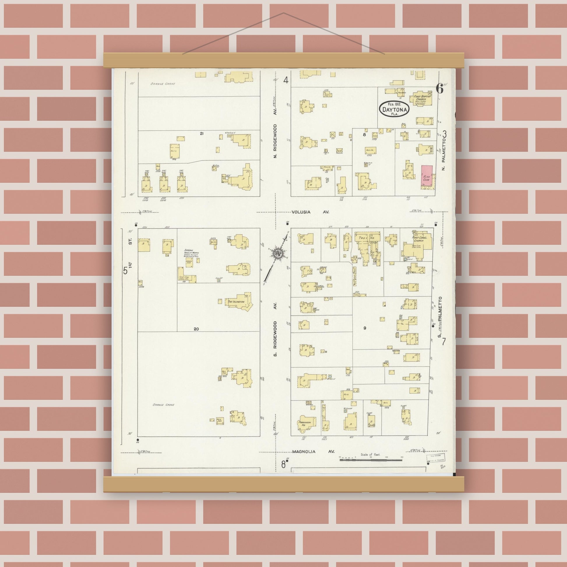 Old map wall art mockup — magnetic wood frame on brick wall — Sanborn Fire Insurance Map from Daytona, Volusia County, Florida (1912), Sheet #0006