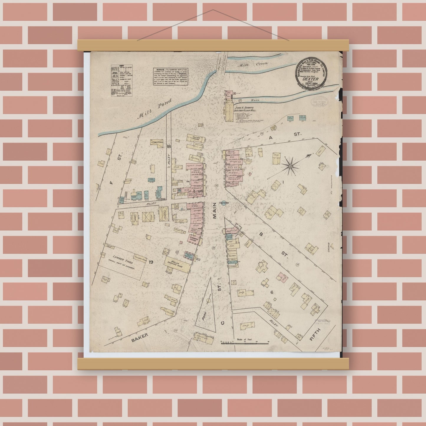 Old map wall art mockup — magnetic wood frame on brick wall — Sanborn Fire Insurance Map from Dexter, Washtenaw County, Michigan (1884), Sheet #0001