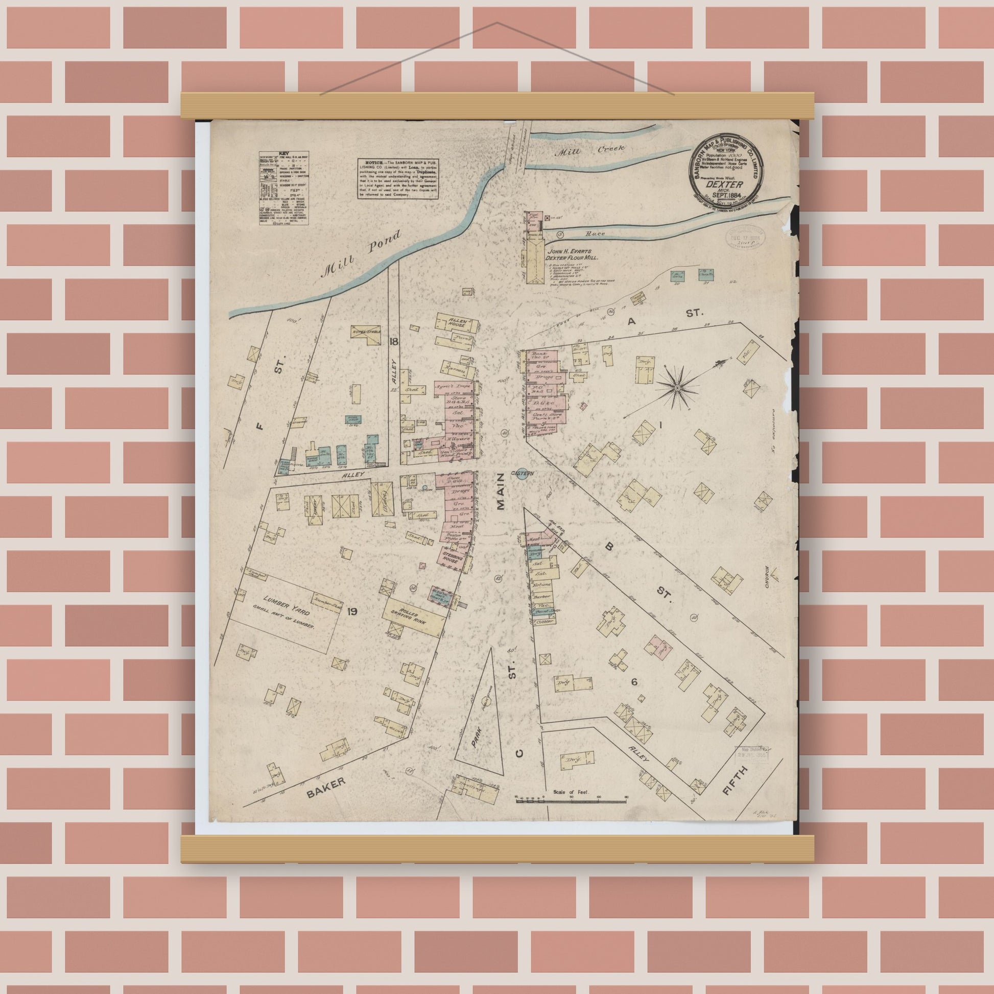 Old map wall art mockup — magnetic wood frame on brick wall — Sanborn Fire Insurance Map from Dexter, Washtenaw County, Michigan (1884), Sheet #0001