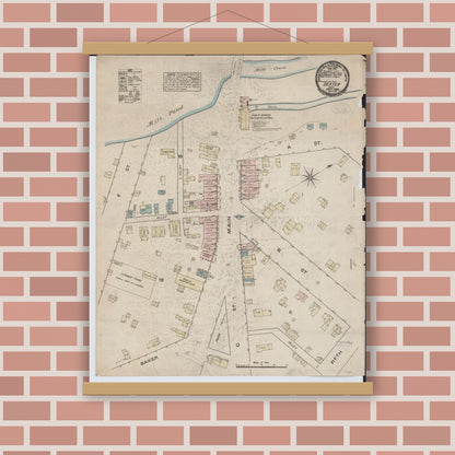 Old map wall art mockup — magnetic wood frame on brick wall — Sanborn Fire Insurance Map from Dexter, Washtenaw County, Michigan (1884), Sheet #0001