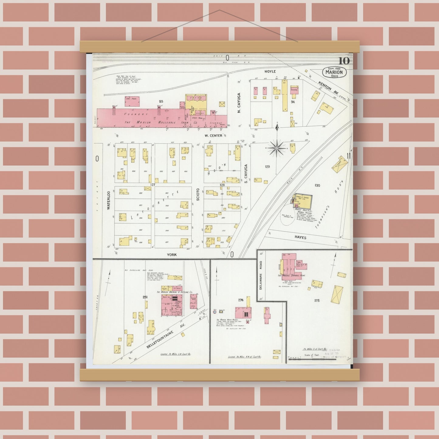 Old map wall art mockup — magnetic wood frame on brick wall — Sanborn Fire Insurance Map from Marion, Marion County, Ohio (1900), Sheet #0010