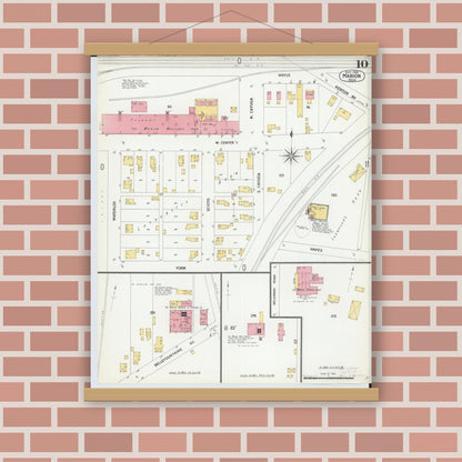 Old map wall art mockup — magnetic wood frame on brick wall — Sanborn Fire Insurance Map from Marion, Marion County, Ohio (1900), Sheet #0010