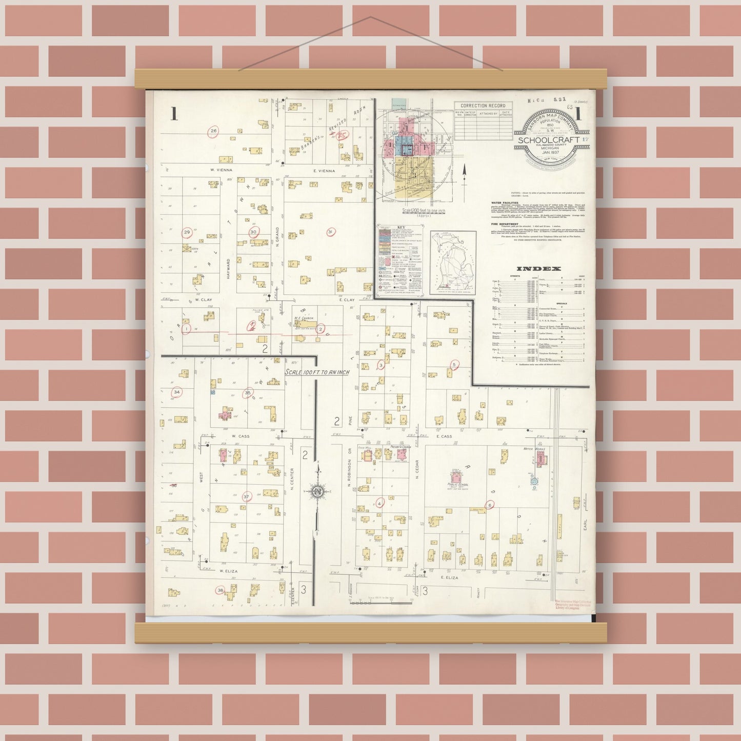 Old map wall art mockup — magnetic wood frame on brick wall — Sanborn Fire Insurance Map from Schoolcraft, Kalamazoo County, Michigan (1937) - Complete Map Set