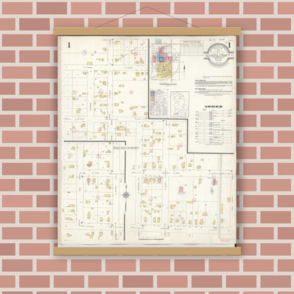 Old map wall art mockup — magnetic wood frame on brick wall — Sanborn Fire Insurance Map from Schoolcraft, Kalamazoo County, Michigan (1937) - Complete Map Set