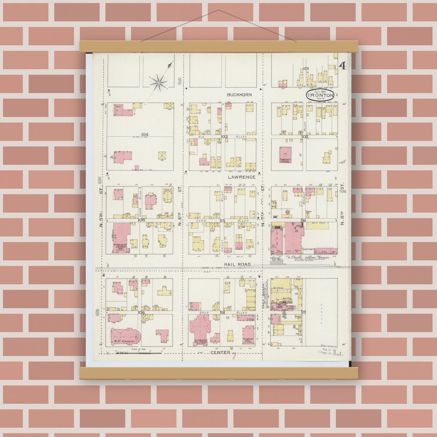 Old map wall art mockup — magnetic wood frame on brick wall — Sanborn Fire Insurance Map from Ironton, Lawrence County, Ohio (1893), Sheet #0004