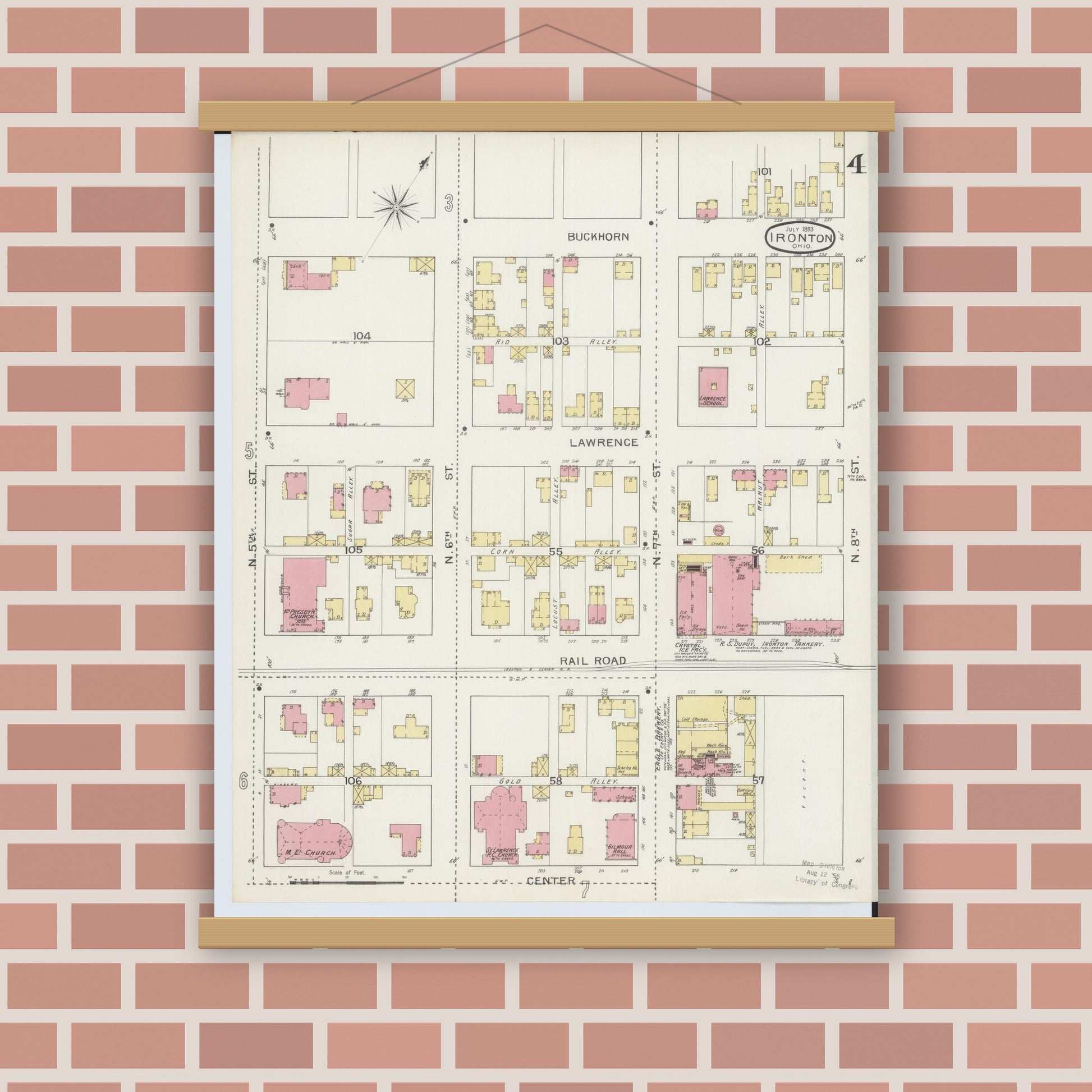 Old map wall art mockup — magnetic wood frame on brick wall — Sanborn Fire Insurance Map from Ironton, Lawrence County, Ohio (1893), Sheet #0004