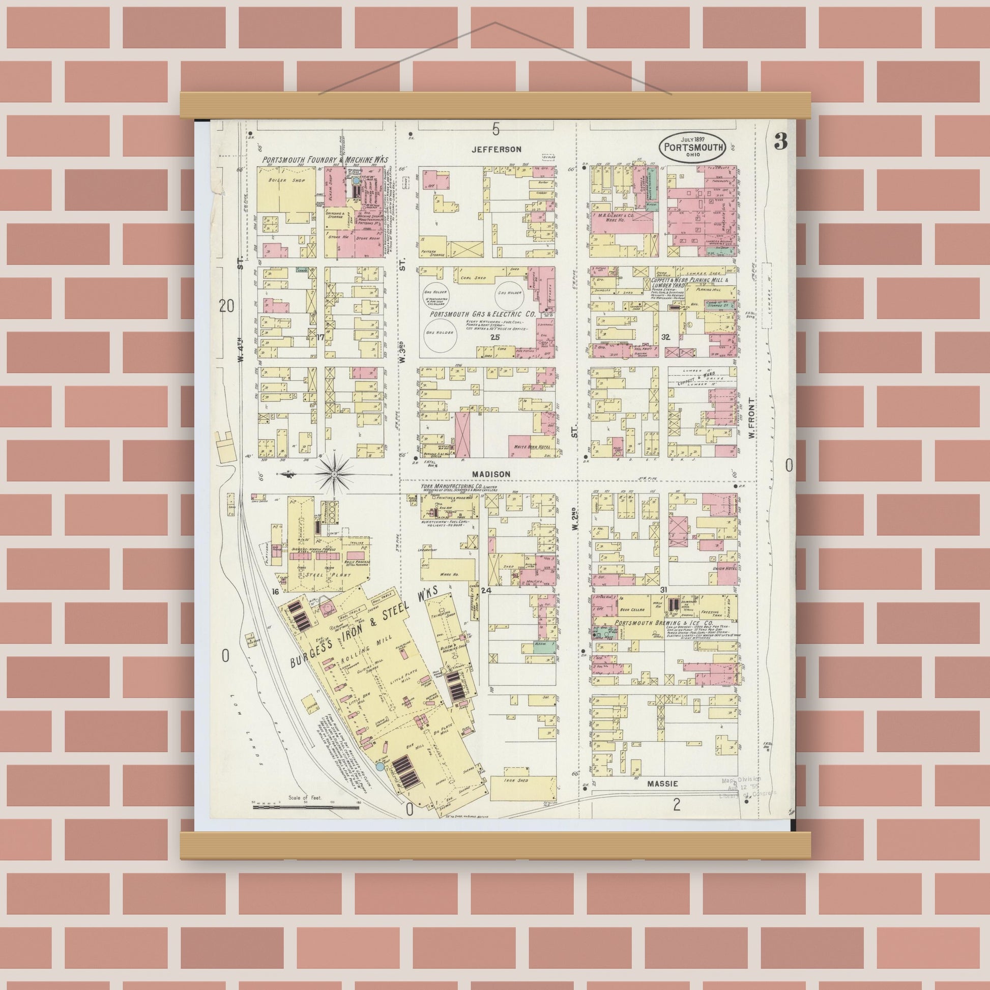 Old map wall art mockup — magnetic wood frame on brick wall — Sanborn Fire Insurance Map from Portsmouth, Scioto County, Ohio (1897), Sheet #0003