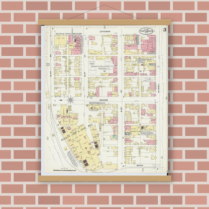 Old map wall art mockup — magnetic wood frame on brick wall — Sanborn Fire Insurance Map from Portsmouth, Scioto County, Ohio (1897), Sheet #0003