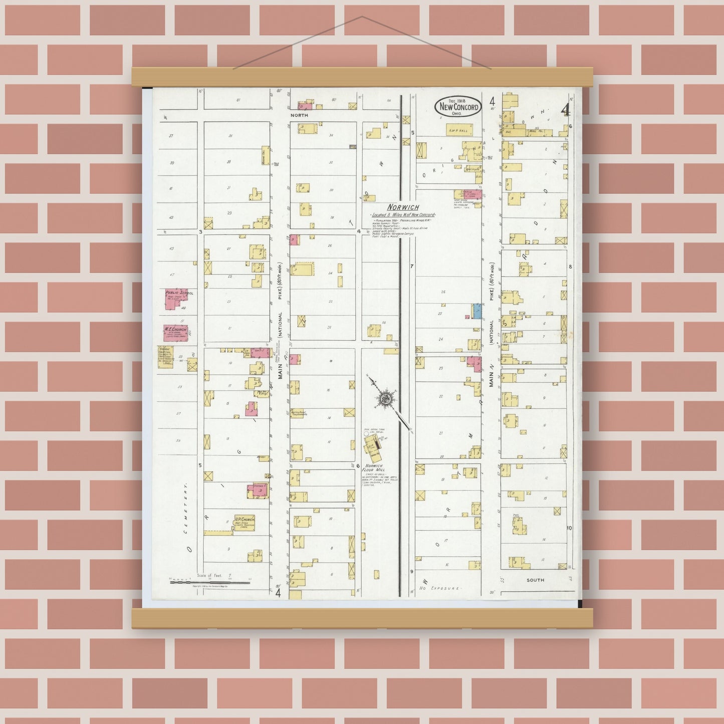 Old map wall art mockup — magnetic wood frame on brick wall — Sanborn Fire Insurance Map from New Concord, Muskingum County, Ohio (1918), Sheet #0004