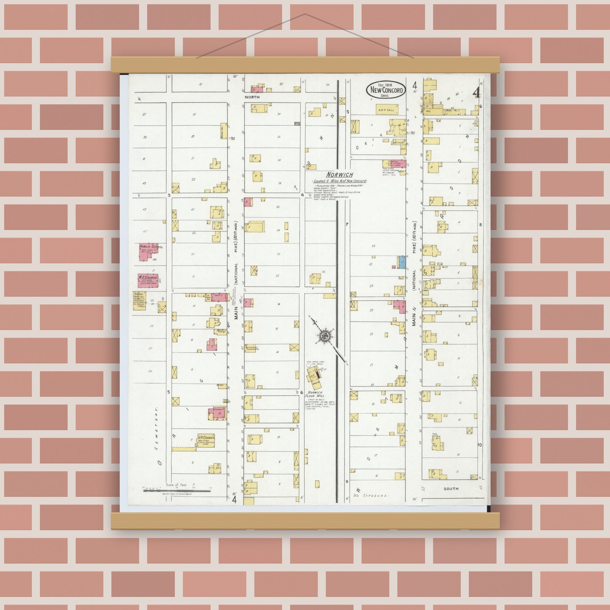 Old map wall art mockup — magnetic wood frame on brick wall — Sanborn Fire Insurance Map from New Concord, Muskingum County, Ohio (1918), Sheet #0004