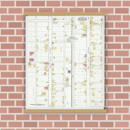 Old map wall art mockup — magnetic wood frame on brick wall — Sanborn Fire Insurance Map from New Concord, Muskingum County, Ohio (1918), Sheet #0004