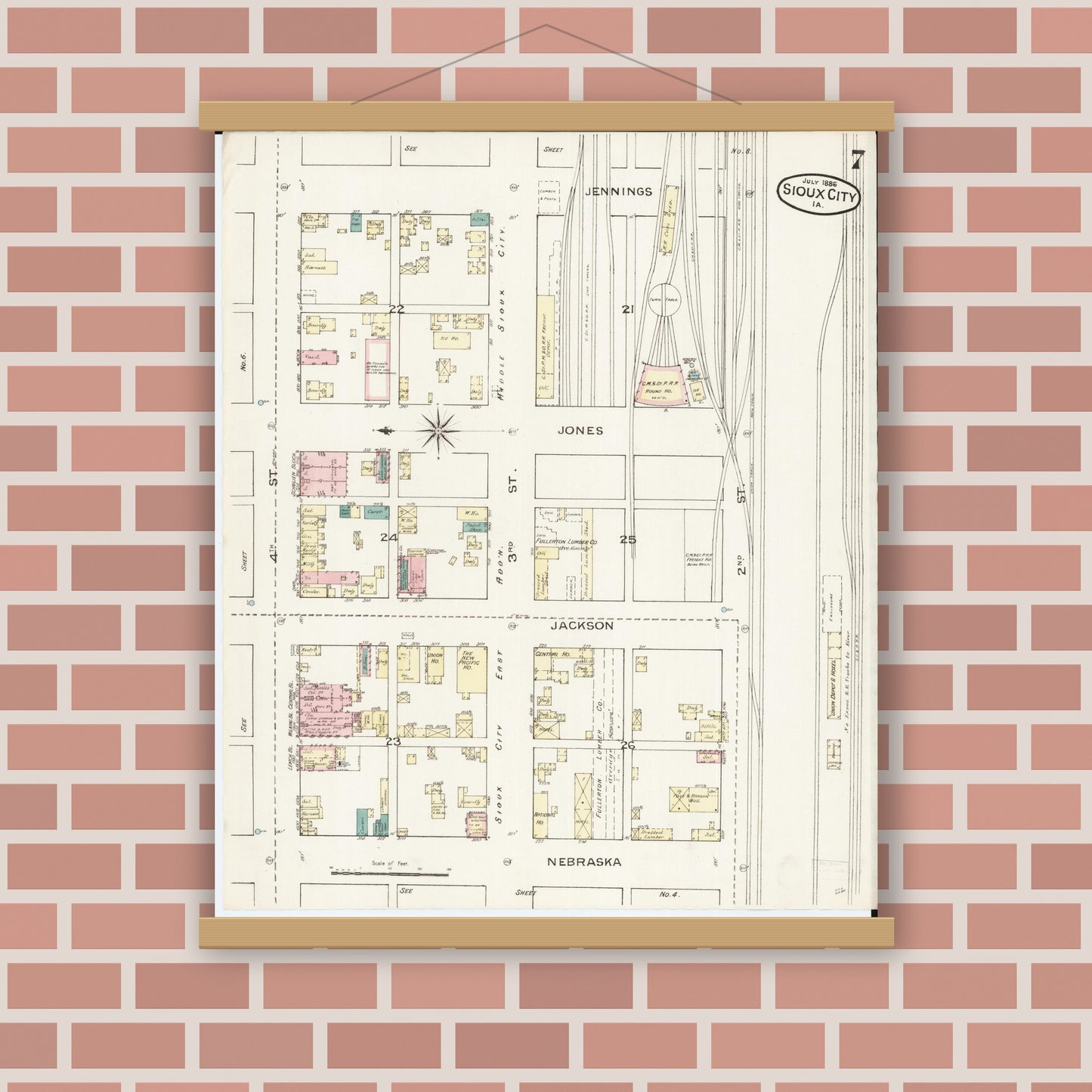 Old map wall art mockup — magnetic wood frame on brick wall — Sanborn Fire Insurance Map from Sioux City, Woodbury County, Iowa (1886), Sheet #0007