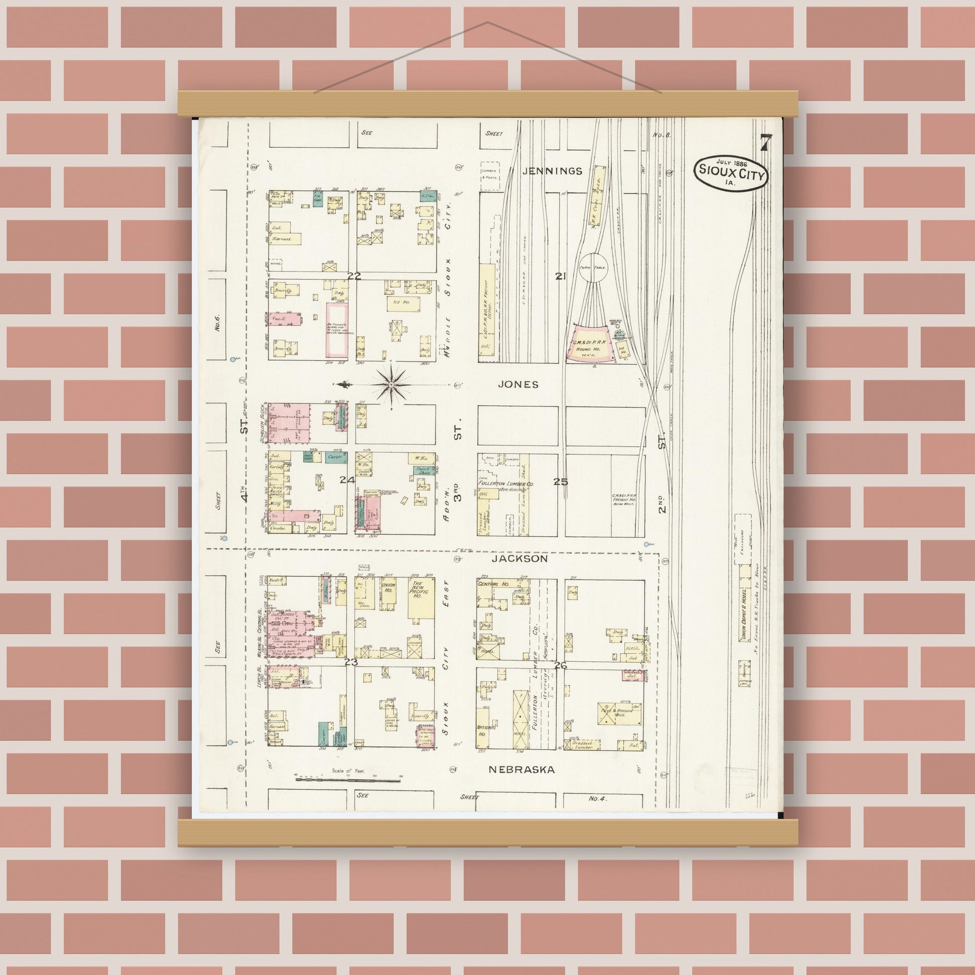 Old map wall art mockup — magnetic wood frame on brick wall — Sanborn Fire Insurance Map from Sioux City, Woodbury County, Iowa (1886), Sheet #0007