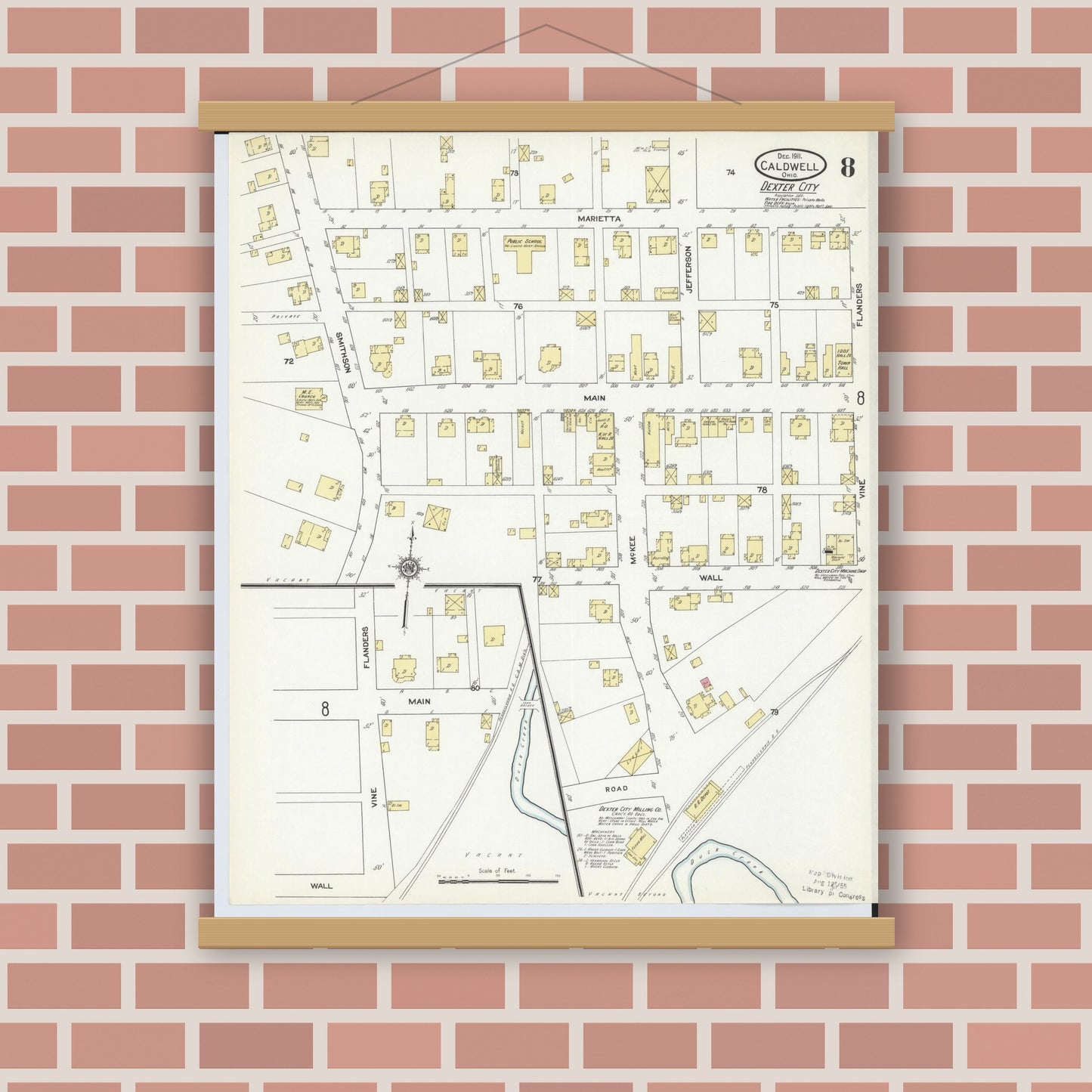 Old map wall art mockup — magnetic wood frame on brick wall — Sanborn Fire Insurance Map from Caldwell, Noble County, Ohio (1911), Sheet #0008