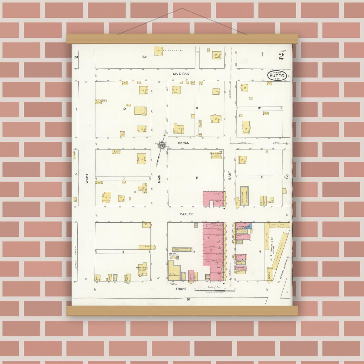 Old map wall art mockup — magnetic wood frame on brick wall — Sanborn Fire Insurance Map from Hutto, Williamson County, Texas (1921), Sheet #0002