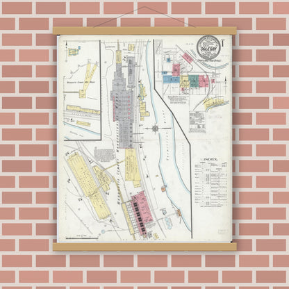 Old map wall art mockup — magnetic wood frame on brick wall — Sanborn Fire Insurance Map from Oglesby, La Salle County, Illinois (1911) - Complete Map Set