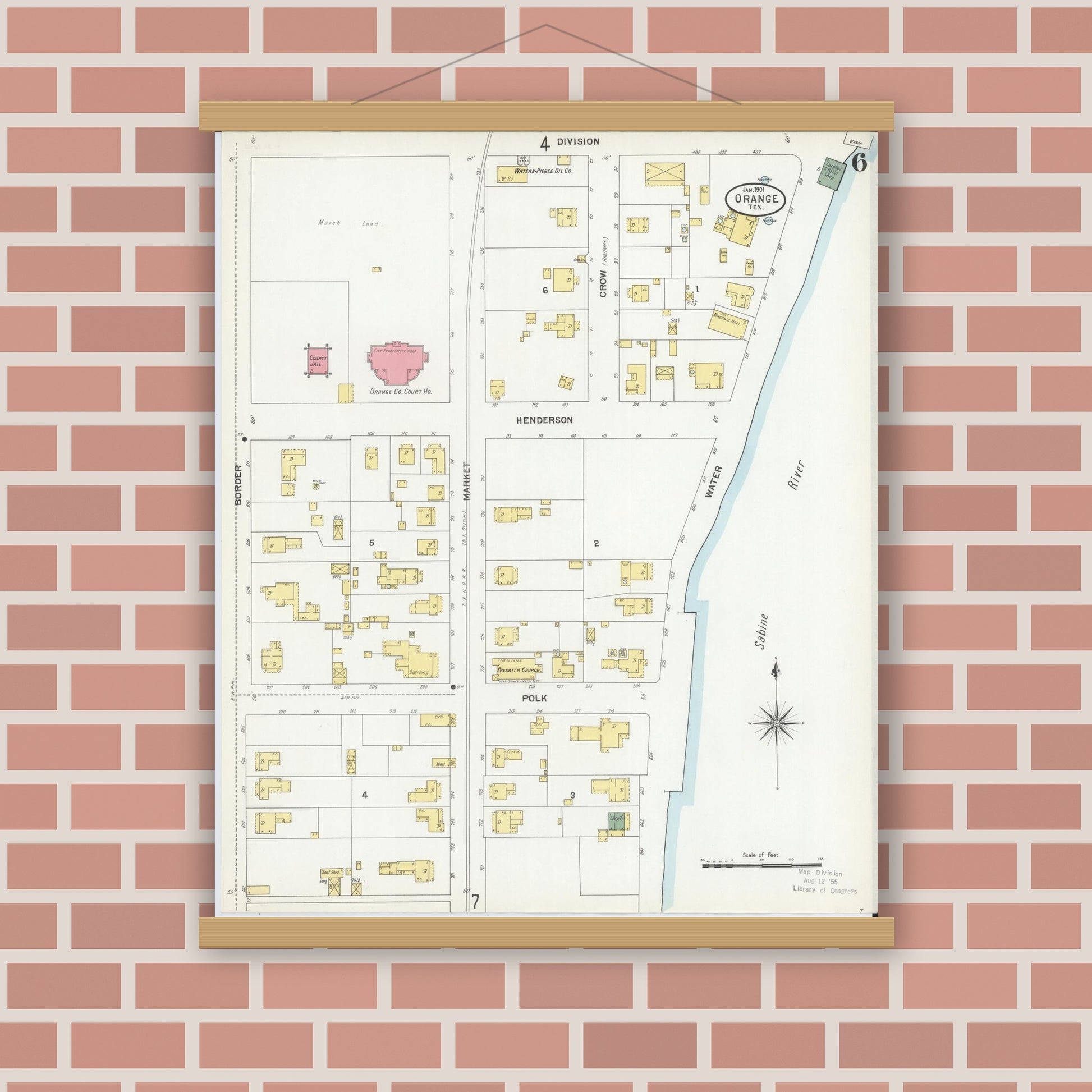 Old map wall art mockup — magnetic wood frame on brick wall — Sanborn Fire Insurance Map from Orange, Orange County, Texas (1901), Sheet #0006