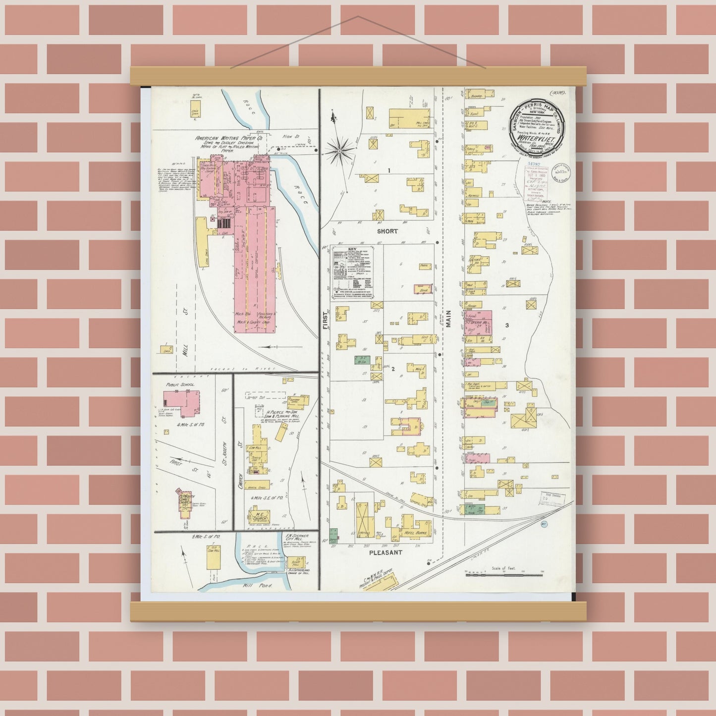 Old map wall art mockup — magnetic wood frame on brick wall — Sanborn Fire Insurance Map from Watervliet, Berrien County, Michigan (1900), Sheet #0001