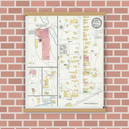 Old map wall art mockup — magnetic wood frame on brick wall — Sanborn Fire Insurance Map from Watervliet, Berrien County, Michigan (1900), Sheet #0001