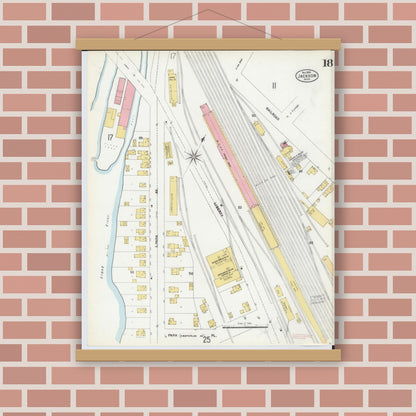 Old map wall art mockup — magnetic wood frame on brick wall — Sanborn Fire Insurance Map from Jackson, Jackson County, Michigan (1899), Sheet #0018