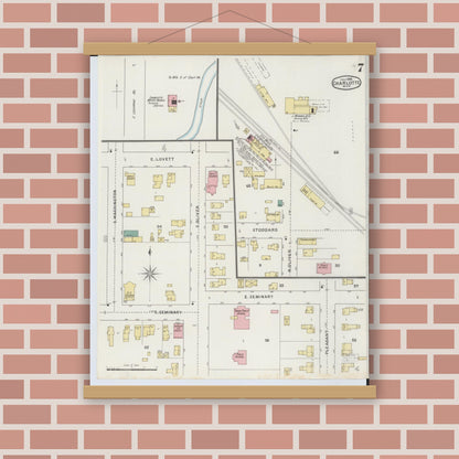 Old map wall art mockup — magnetic wood frame on brick wall — Sanborn Fire Insurance Map from Charlotte, Eaton County, Michigan (1895), Sheet #0007