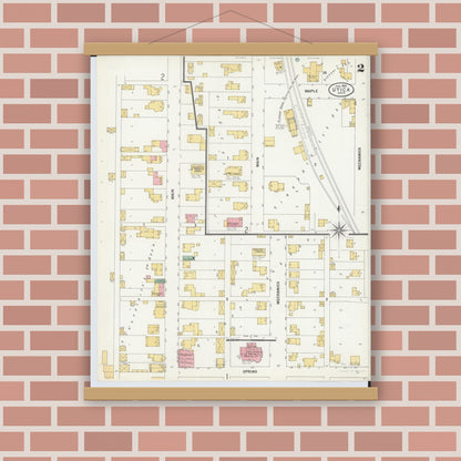 Old map wall art mockup — magnetic wood frame on brick wall — Sanborn Fire Insurance Map from Utica, Licking County, Ohio (1900), Sheet #0002