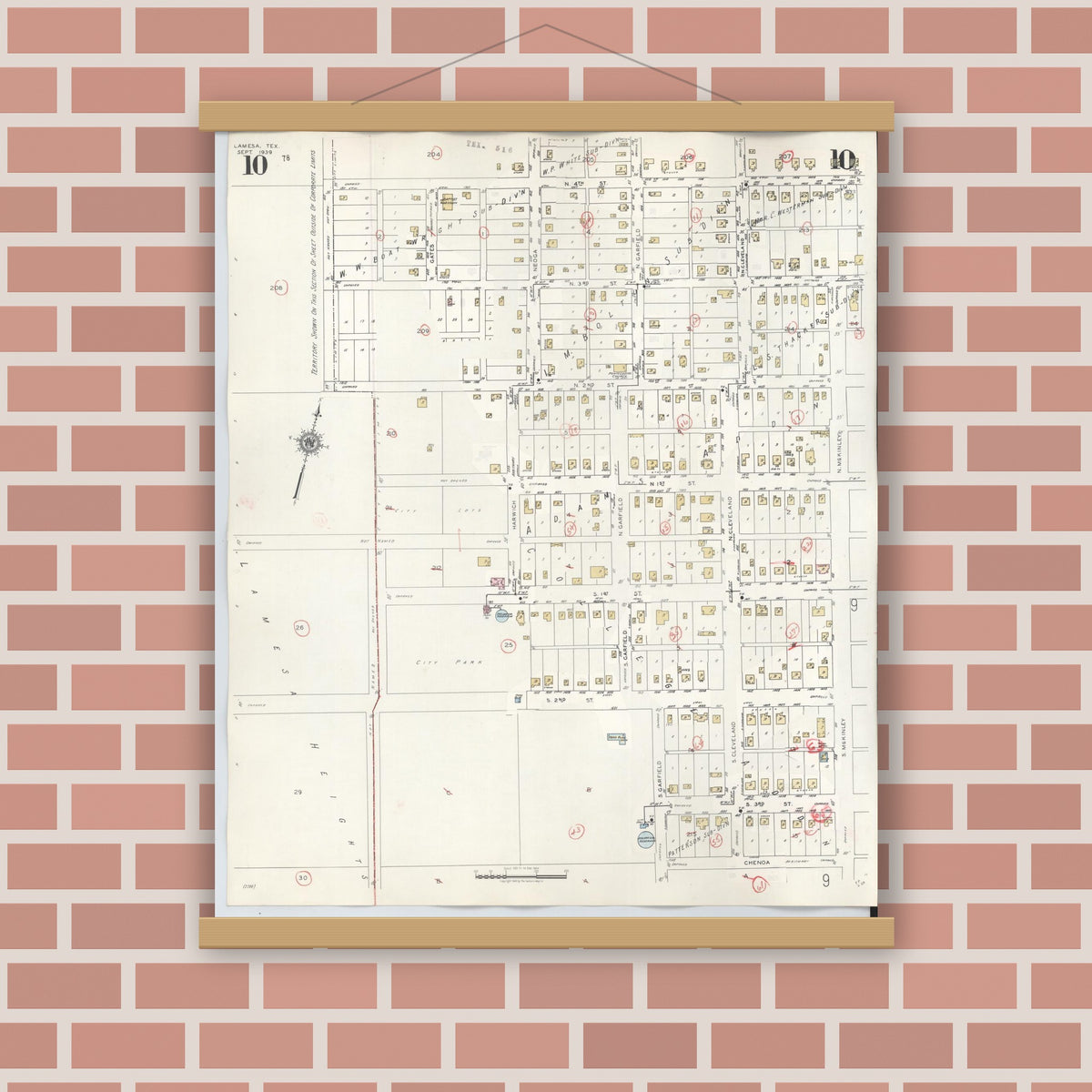 Old map wall art mockup — magnetic wood frame on brick wall — Sanborn Fire Insurance Map from Lamesa, Dawson County, Texas (1948), Sheet #0010