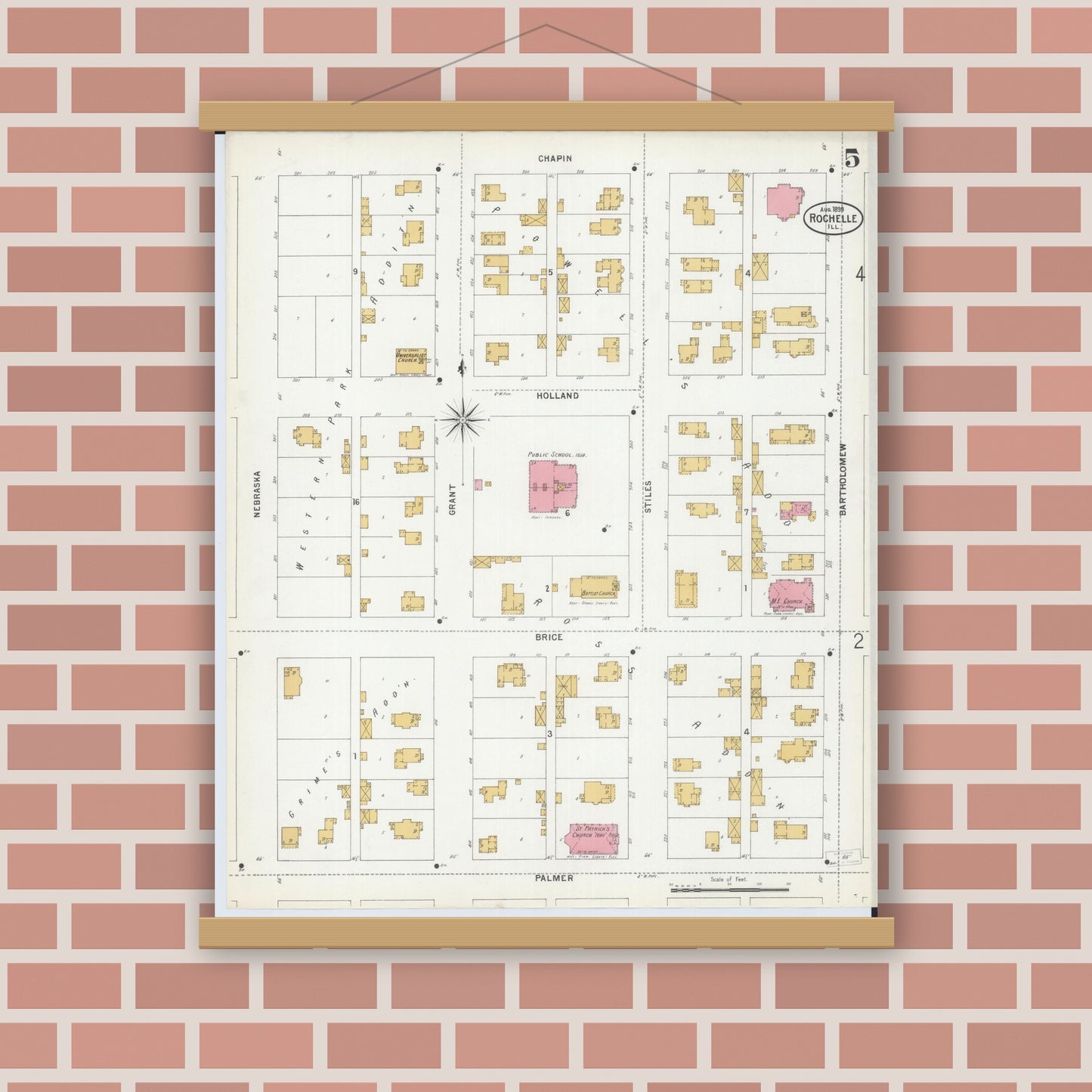 Old map wall art mockup — magnetic wood frame on brick wall — Sanborn Fire Insurance Map from Rochelle, Ogle County, Illinois (1899), Sheet #0005