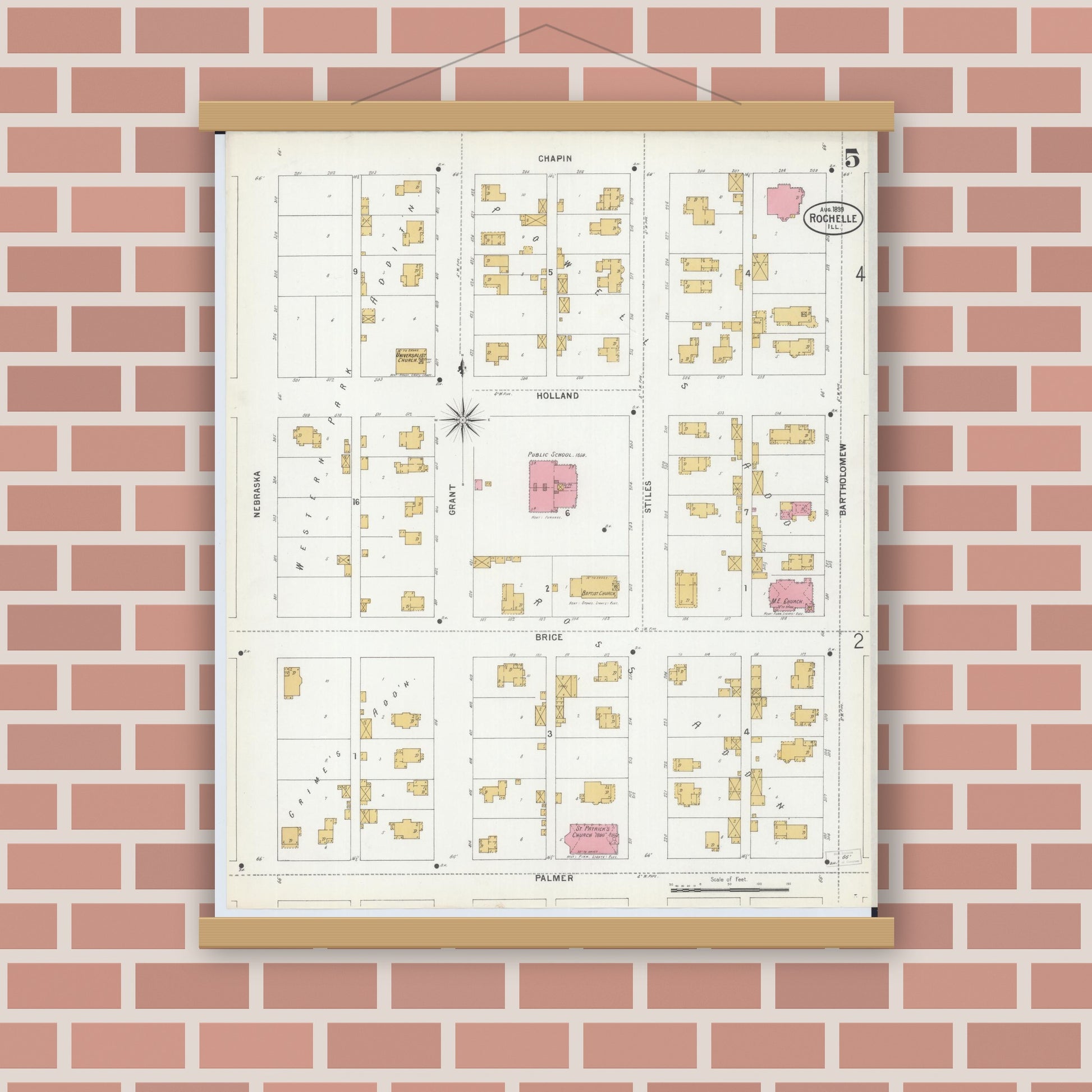 Old map wall art mockup — magnetic wood frame on brick wall — Sanborn Fire Insurance Map from Rochelle, Ogle County, Illinois (1899), Sheet #0005