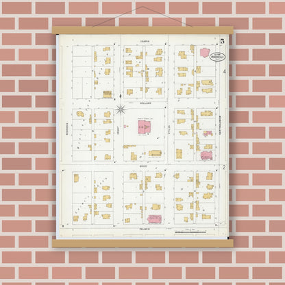 Old map wall art mockup — magnetic wood frame on brick wall — Sanborn Fire Insurance Map from Rochelle, Ogle County, Illinois (1899), Sheet #0005