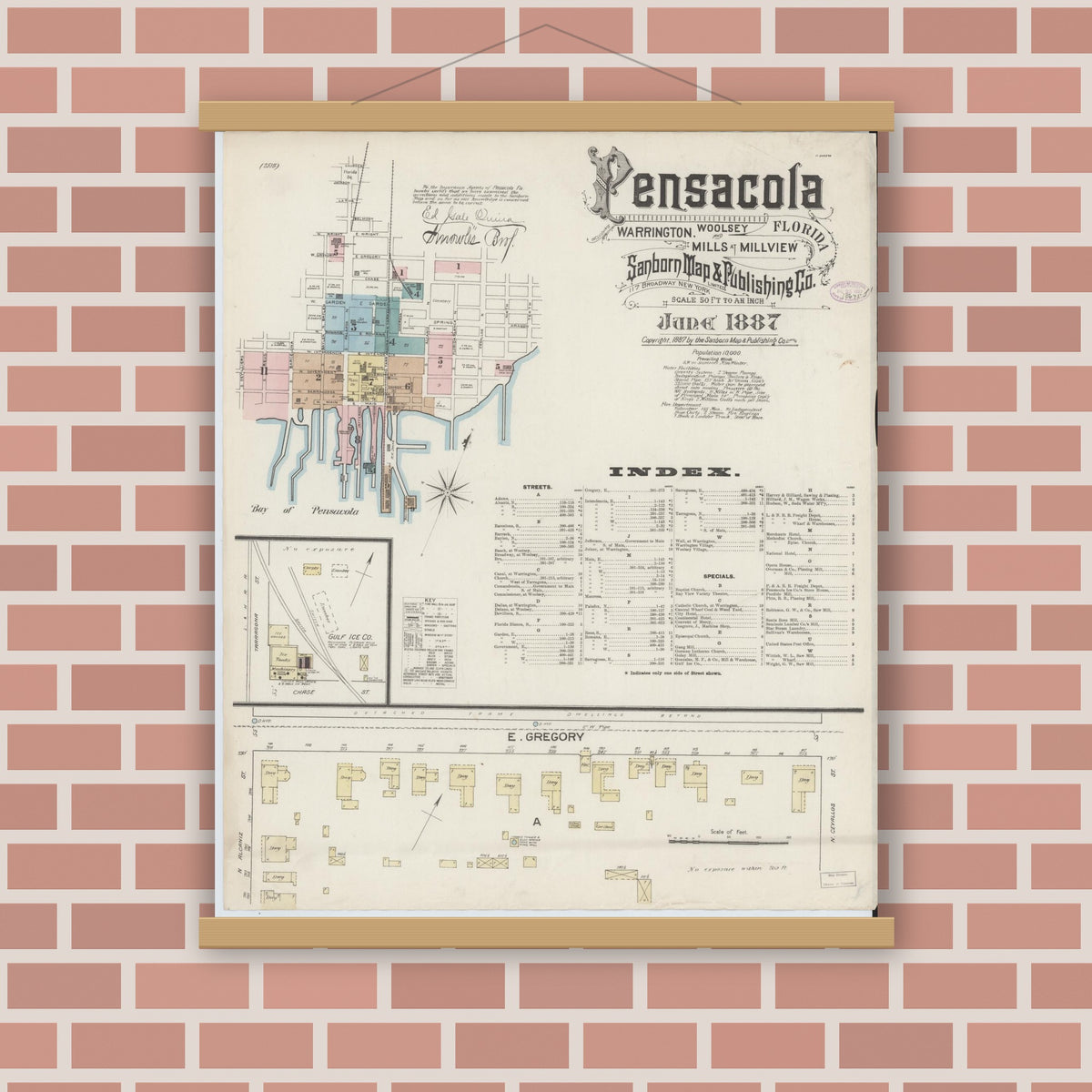 Old map wall art mockup — magnetic wood frame on brick wall — Sanborn Fire Insurance Map from Pensacola, Escambia County, Florida (1887) - Complete Map Set