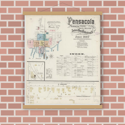 Old map wall art mockup — magnetic wood frame on brick wall — Sanborn Fire Insurance Map from Pensacola, Escambia County, Florida (1887) - Complete Map Set