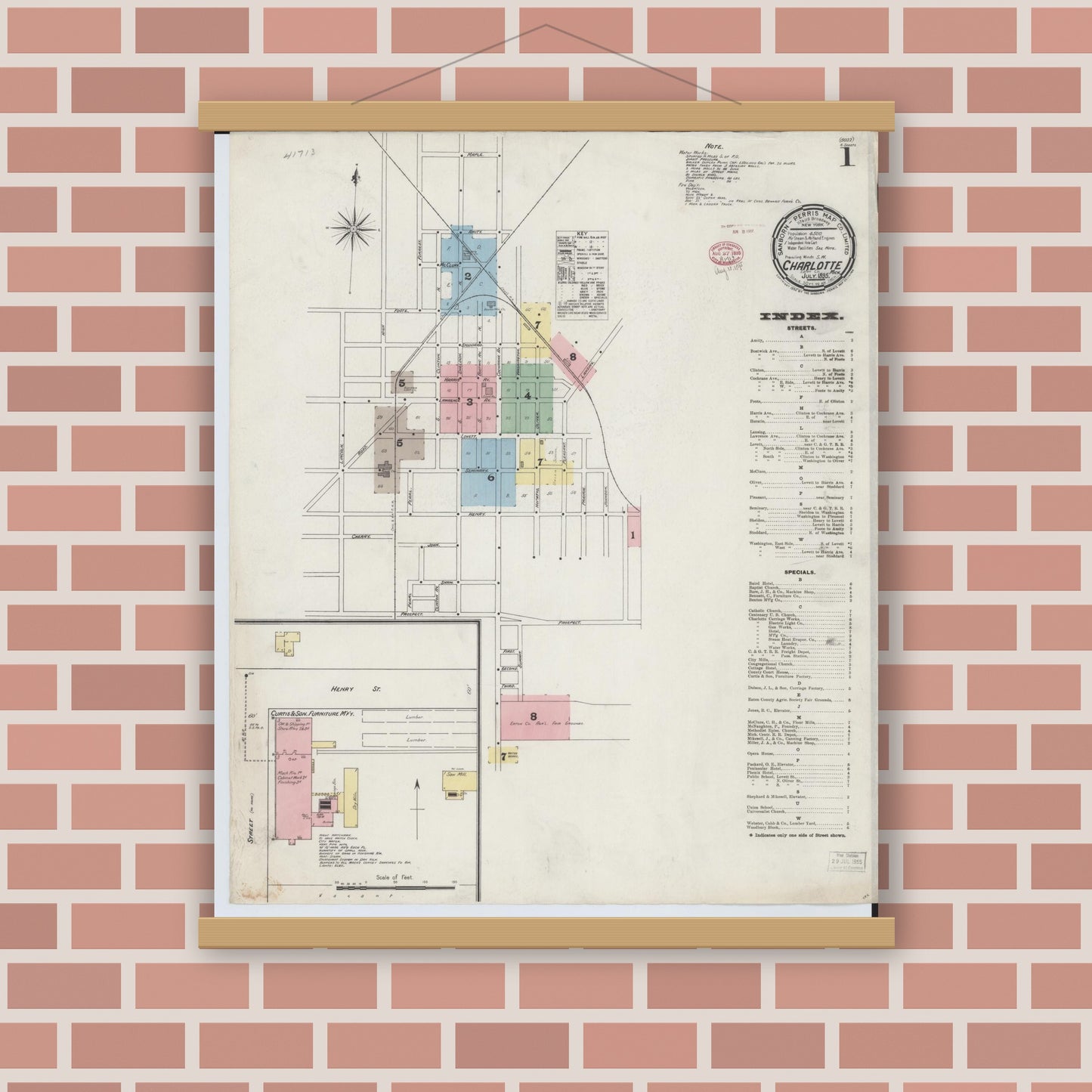 Old map wall art mockup — magnetic wood frame on brick wall — Sanborn Fire Insurance Map from Charlotte, Eaton County, Michigan (1895) - Complete Map Set