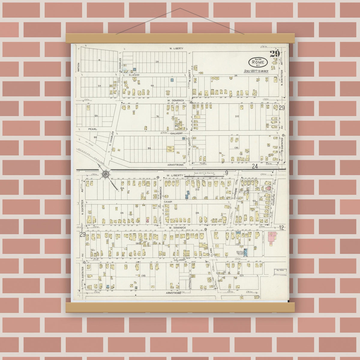 Old map wall art mockup — magnetic wood frame on brick wall — Sanborn Fire Insurance Map from Rome, Oneida County, New York (1914), Sheet #0029