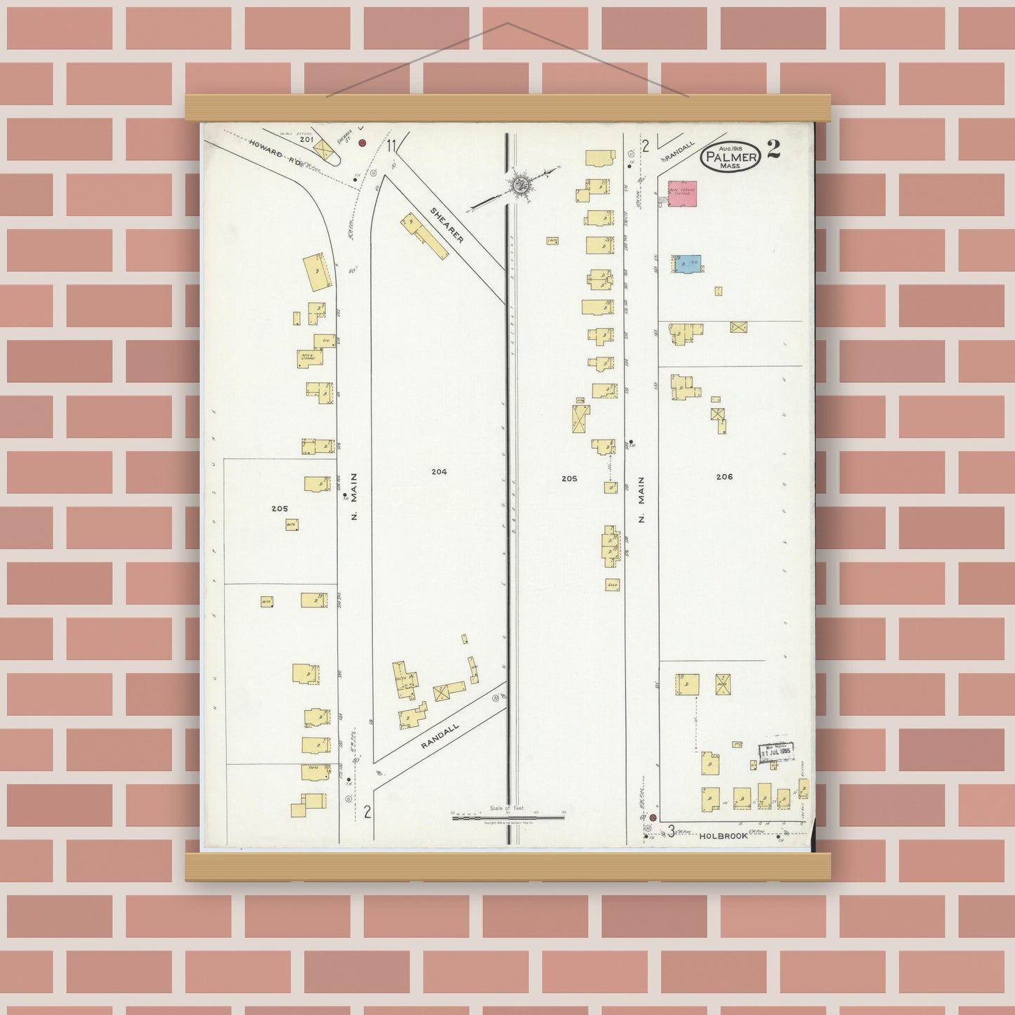 Old map wall art mockup — magnetic wood frame on brick wall — Sanborn Fire Insurance Map from Palmer, Hampden County, Massachusetts (1918), Sheet #0002