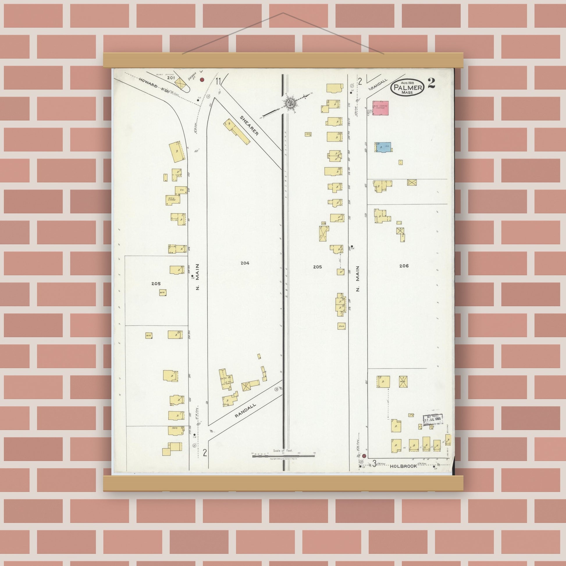 Old map wall art mockup — magnetic wood frame on brick wall — Sanborn Fire Insurance Map from Palmer, Hampden County, Massachusetts (1918), Sheet #0002