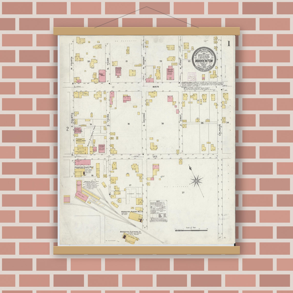 Old map wall art mockup — magnetic wood frame on brick wall — Sanborn Fire Insurance Map from Warrenton, Fauquier County, Virginia (1908), Sheet #0001