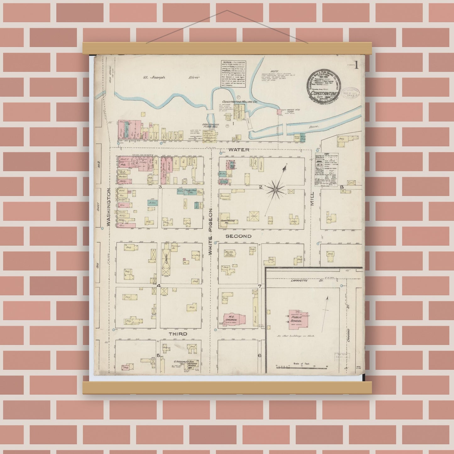Old map wall art mockup — magnetic wood frame on brick wall — Sanborn Fire Insurance Map from Constantine, Saint Joseph County, Michigan (1884), Sheet #0001