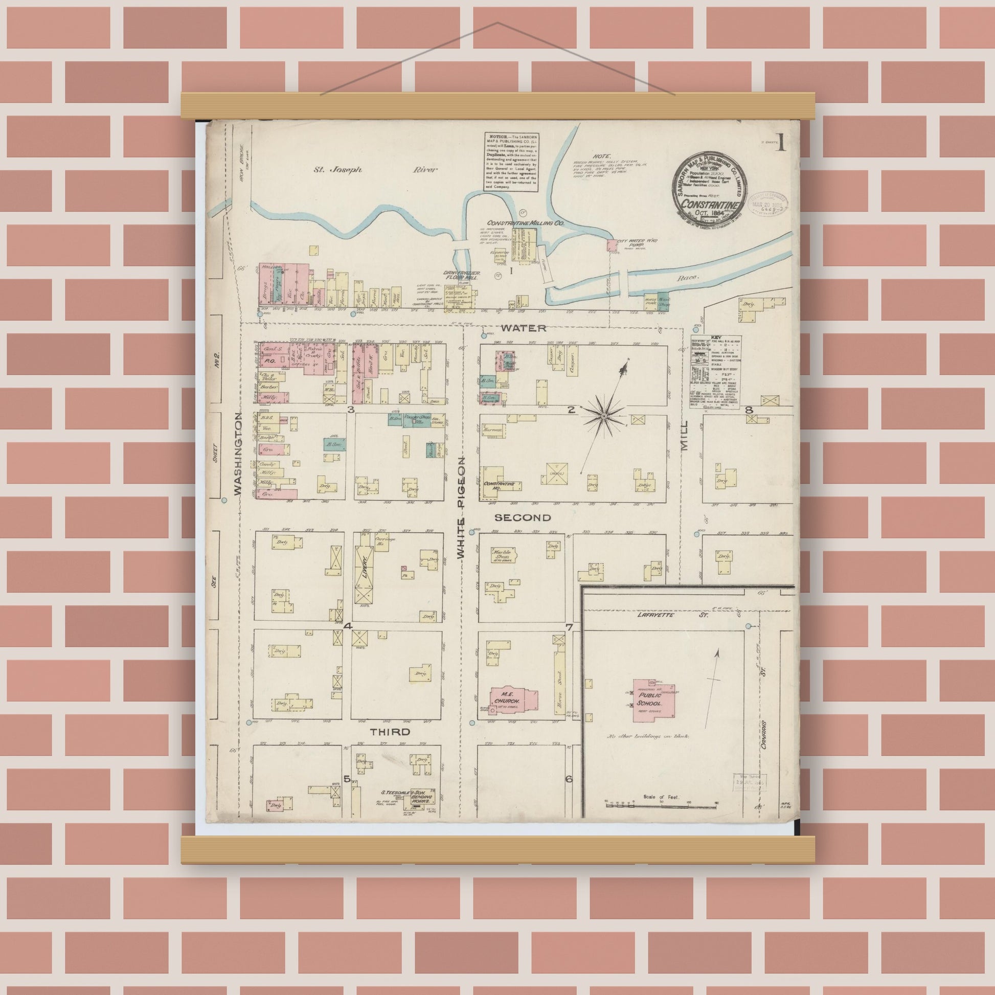Old map wall art mockup — magnetic wood frame on brick wall — Sanborn Fire Insurance Map from Constantine, Saint Joseph County, Michigan (1884), Sheet #0001