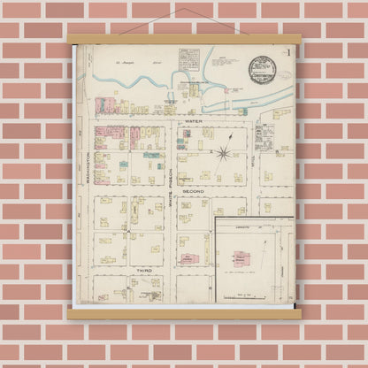 Old map wall art mockup — magnetic wood frame on brick wall — Sanborn Fire Insurance Map from Constantine, Saint Joseph County, Michigan (1884), Sheet #0001