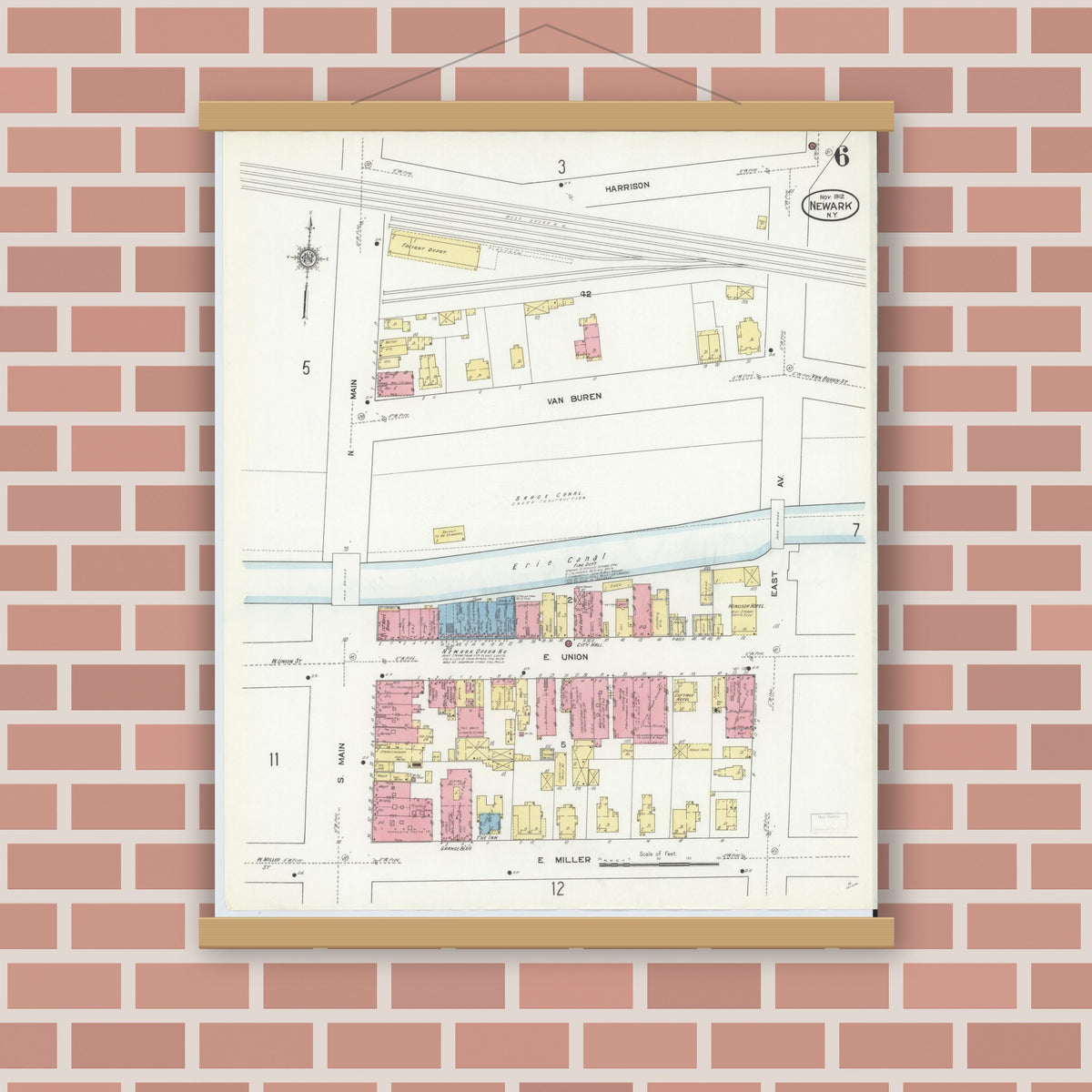 Old map wall art mockup — magnetic wood frame on brick wall — Sanborn Fire Insurance Map from Newark, Wayne County, New York (1912), Sheet #0006