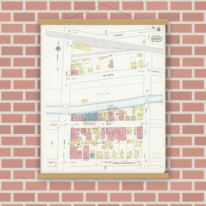 Old map wall art mockup — magnetic wood frame on brick wall — Sanborn Fire Insurance Map from Newark, Wayne County, New York (1912), Sheet #0006