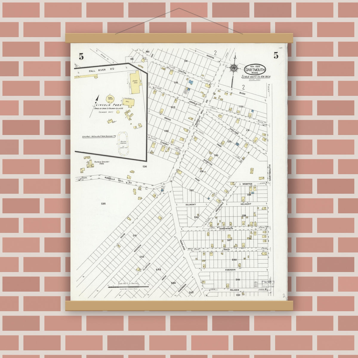Old map wall art mockup — magnetic wood frame on brick wall — Sanborn Fire Insurance Map from Dartmouth, Bristol County, Massachusetts (1924), Sheet #0005