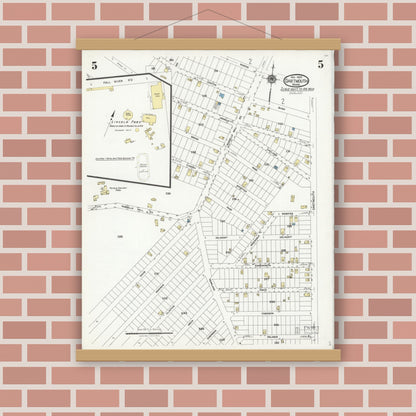 Old map wall art mockup — magnetic wood frame on brick wall — Sanborn Fire Insurance Map from Dartmouth, Bristol County, Massachusetts (1924), Sheet #0005
