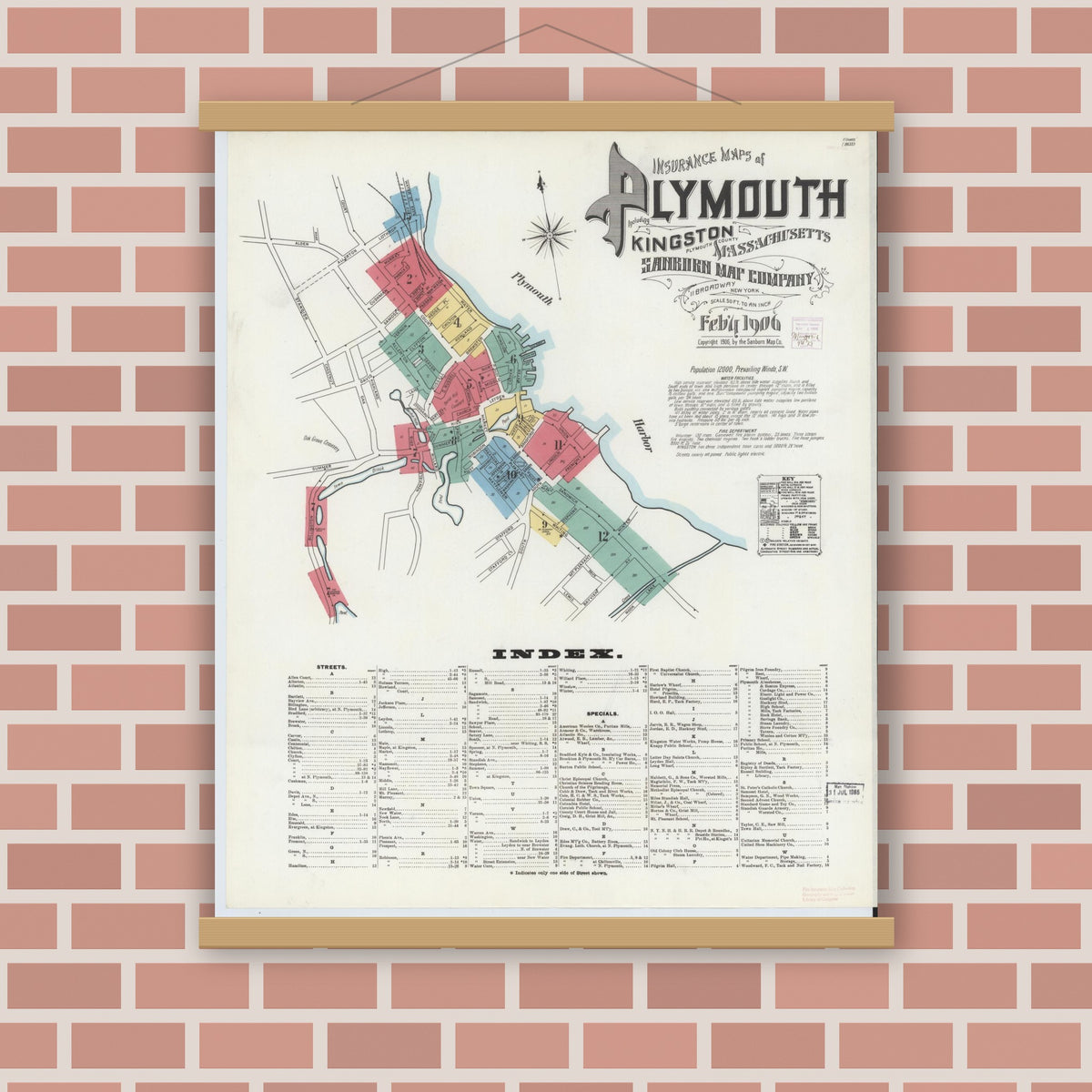 Old map wall art mockup — magnetic wood frame on brick wall — Sanborn Fire Insurance Map from Plymouth, Plymouth County, Massachusetts (1906), Sheet #0001