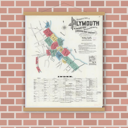 Old map wall art mockup — magnetic wood frame on brick wall — Sanborn Fire Insurance Map from Plymouth, Plymouth County, Massachusetts (1906), Sheet #0001