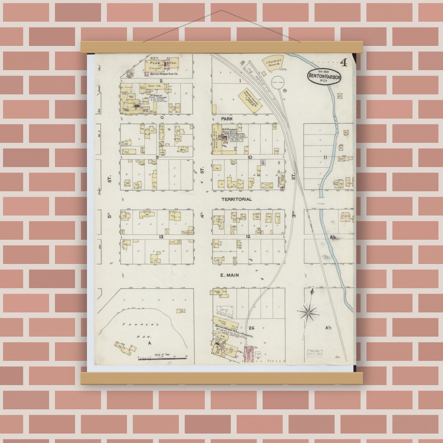 Old map wall art mockup — magnetic wood frame on brick wall — Sanborn Fire Insurance Map from Benton Harbor, Berrien County, Michigan (1889), Sheet #0004
