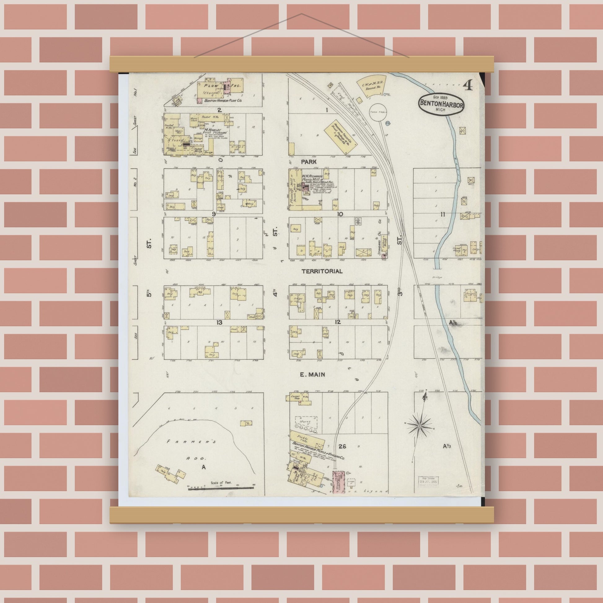 Old map wall art mockup — magnetic wood frame on brick wall — Sanborn Fire Insurance Map from Benton Harbor, Berrien County, Michigan (1889), Sheet #0004