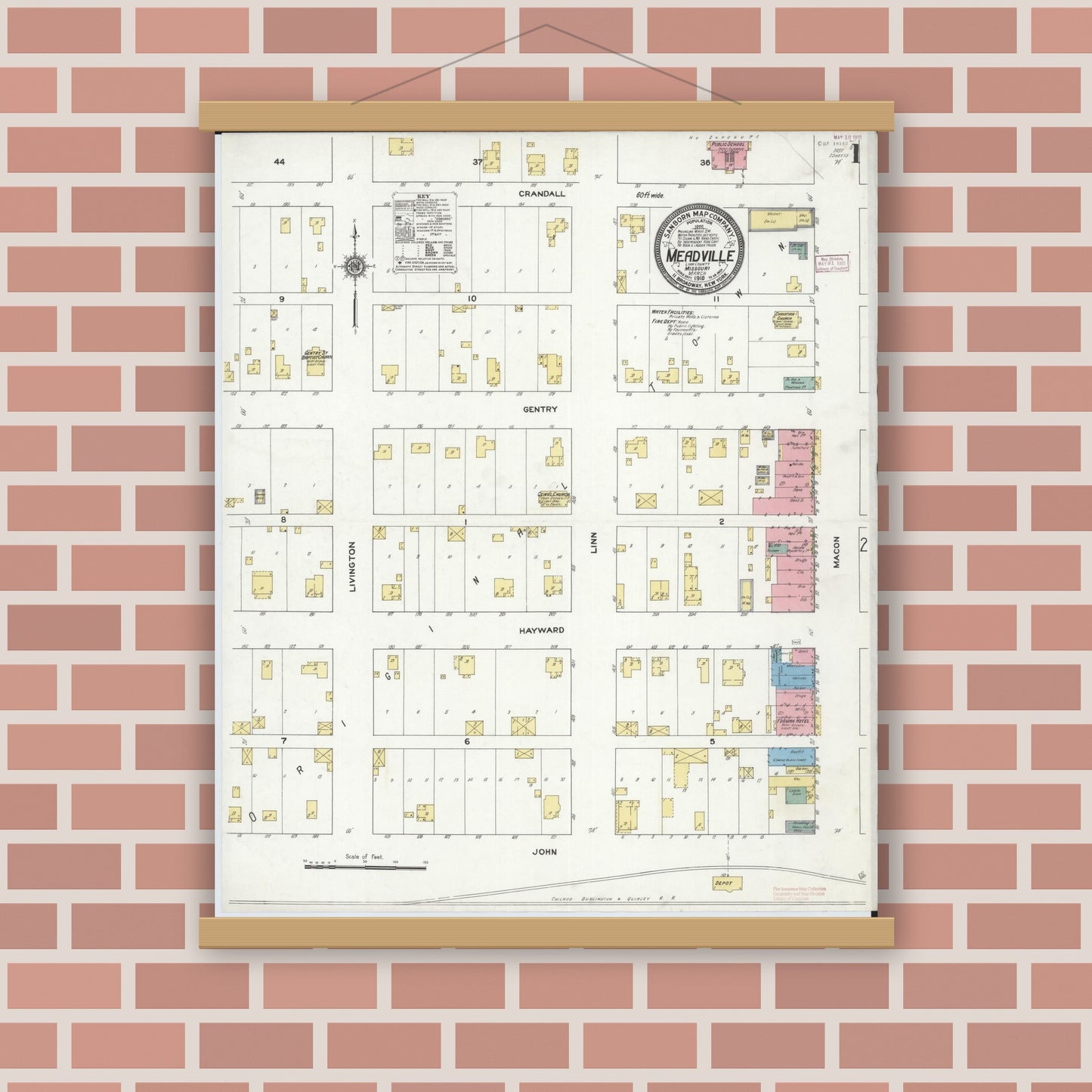 Old map wall art mockup — magnetic wood frame on brick wall — Sanborn Fire Insurance Map from Meadville, Linn County, Missouri (1910) - Complete Map Set