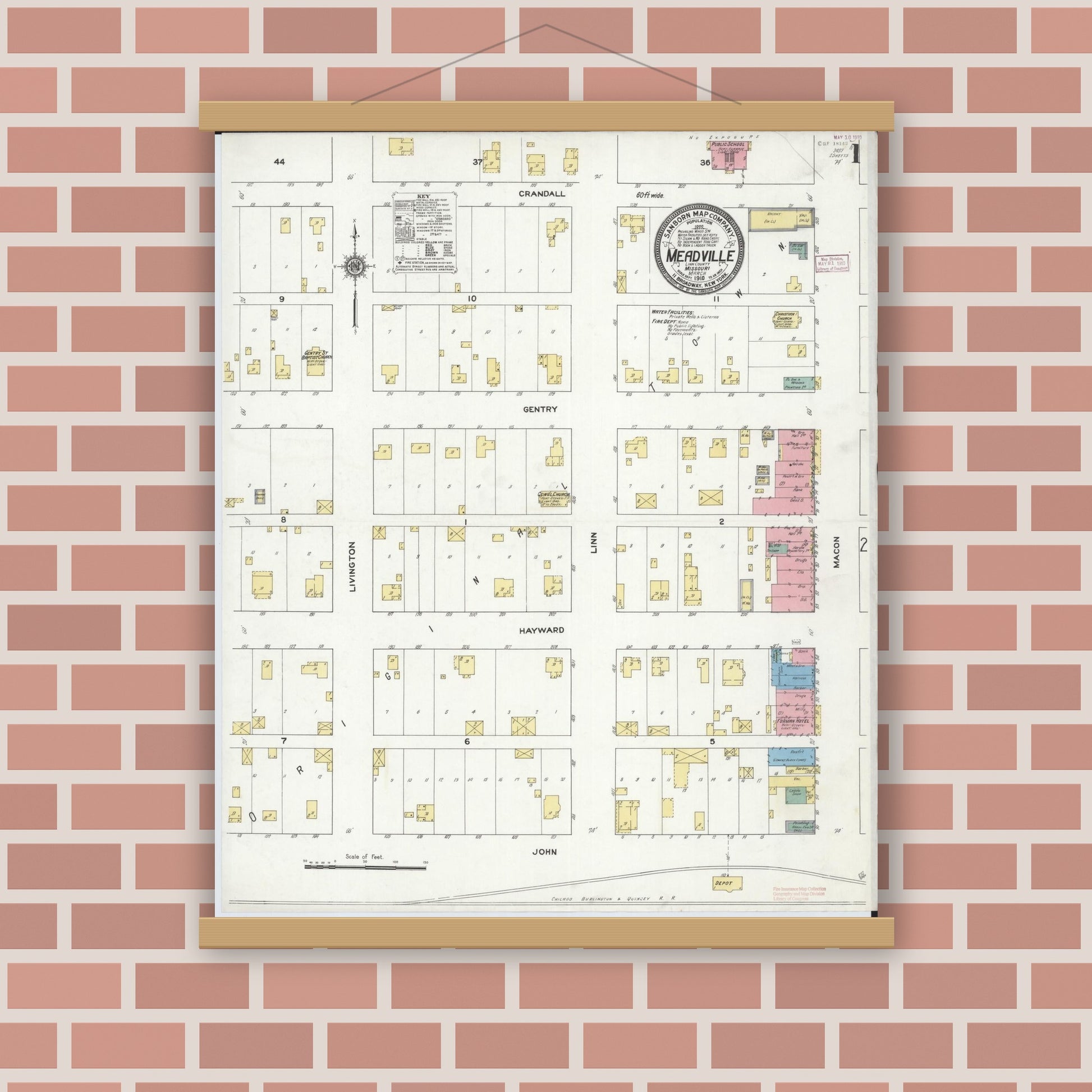 Old map wall art mockup — magnetic wood frame on brick wall — Sanborn Fire Insurance Map from Meadville, Linn County, Missouri (1910) - Complete Map Set
